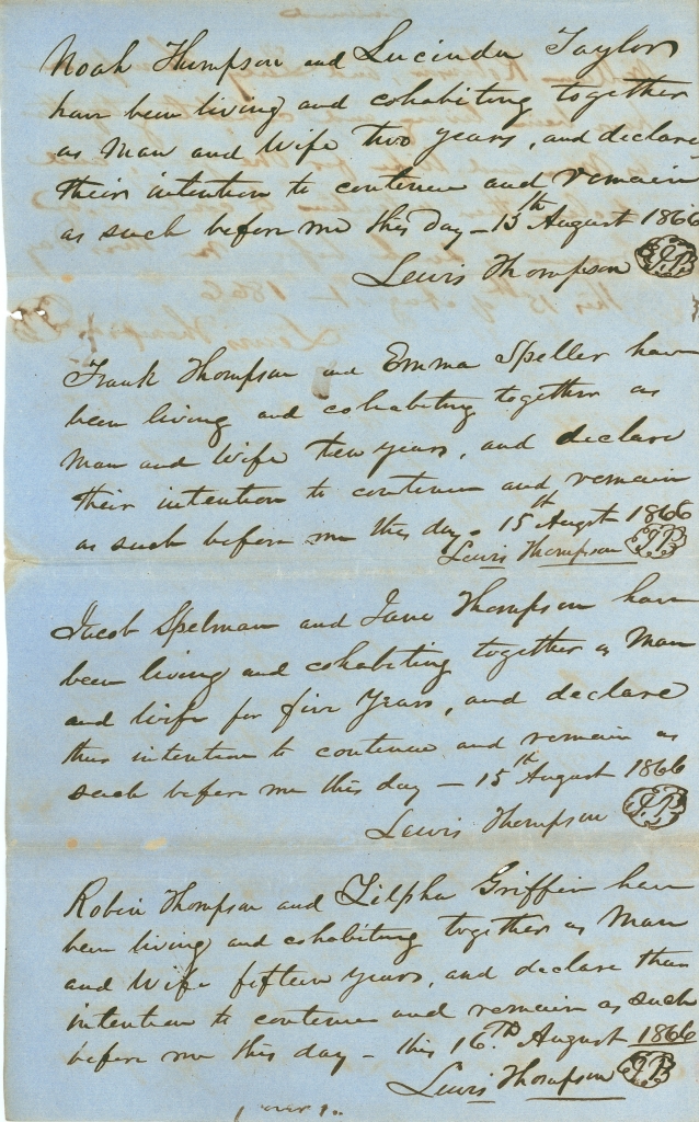 Bertie County Cohabitation Certificates, 1865-1866 [CR.010.606.1 - Miscellaneous Marriage Records, 1749-1914]